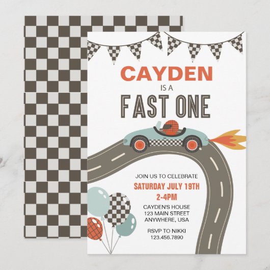 Invitation d'anniversaire de voiture de course Fas (Devant / Derrière)