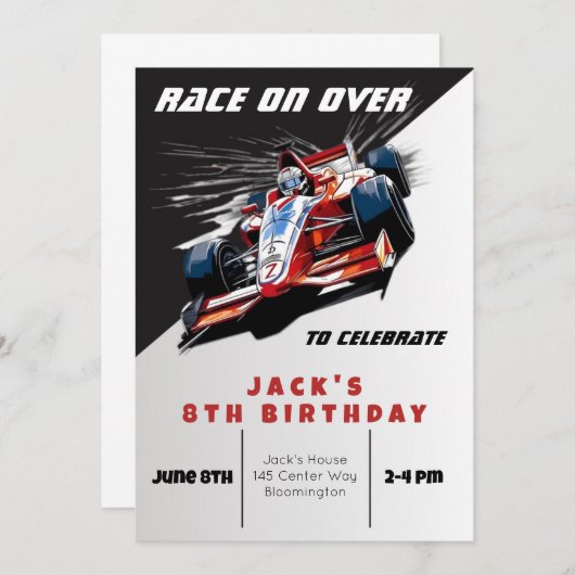 Invitation d'anniversaire de voiture de course mod (Devant / Derrière)