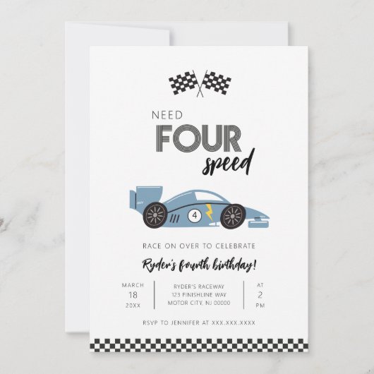 Invitation d'anniversaire de voiture de course Nee (Devant)