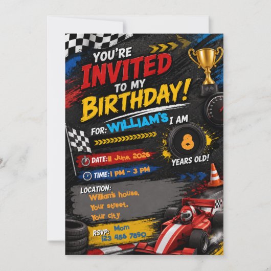 Invitation d'anniversaire de voiture de course | P (Devant)