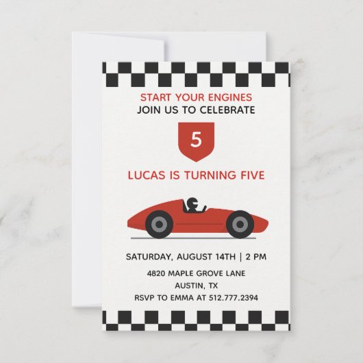 Invitation d'anniversaire de voiture de course rou (Devant)