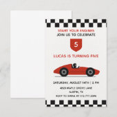 Invitation d'anniversaire de voiture de course rou (Devant / Derrière)