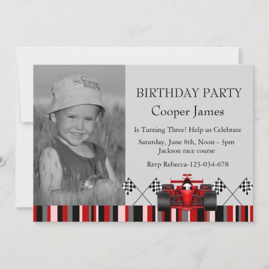 Invitation d'anniversaire de voiture de course rou (Devant)