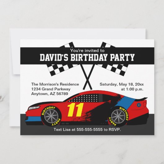 Invitation d'anniversaire de voiture de course Rou (Devant)