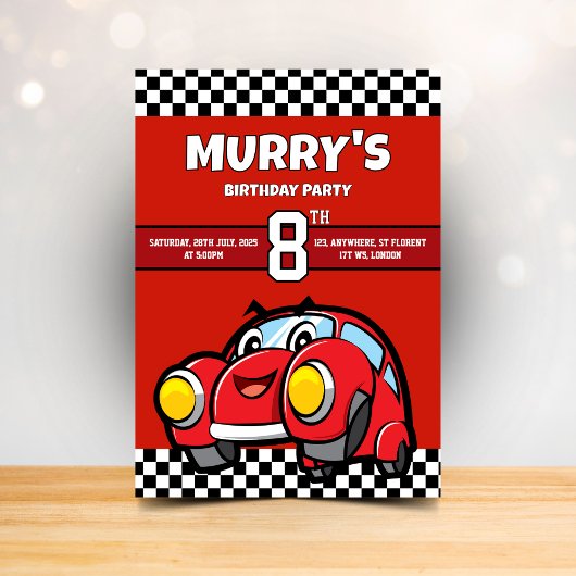 Invitation d'anniversaire de voiture de course rou