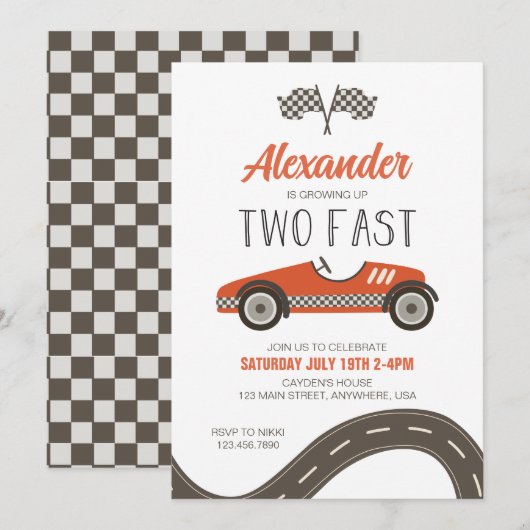 Invitation d'anniversaire de voiture de course rou (Devant / Derrière)