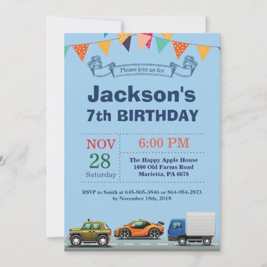 Invitation d'anniversaire de voiture de transport (Devant)