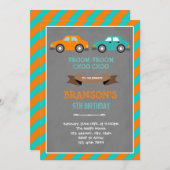 Invitation d'anniversaire de voiture orange et tur (Devant / Derrière)