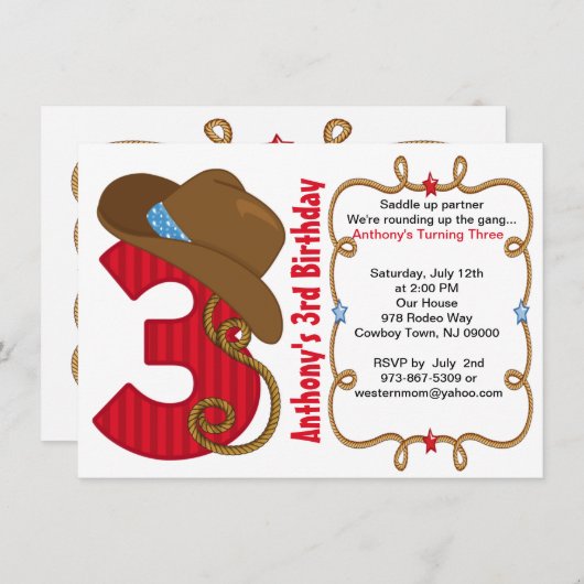 Invitation d'anniversaire de Western Big Three Boy (Devant / Derrière)