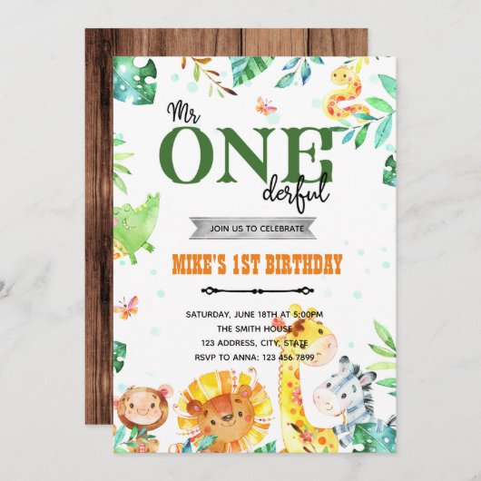 Invitation d'anniversaire de Zoo mr onederful (Devant / Derrière)