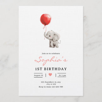 Invitation d'anniversaire d'éléphant bébé, 1er ann