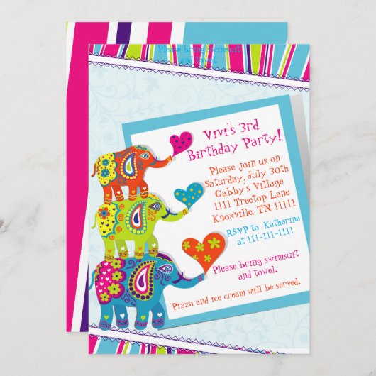 Invitation d'anniversaire d'éléphant coloré (Devant / Derrière)