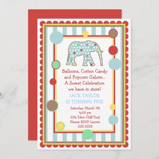 Invitation d'anniversaire d'éléphant de cirque (Devant / Derrière)