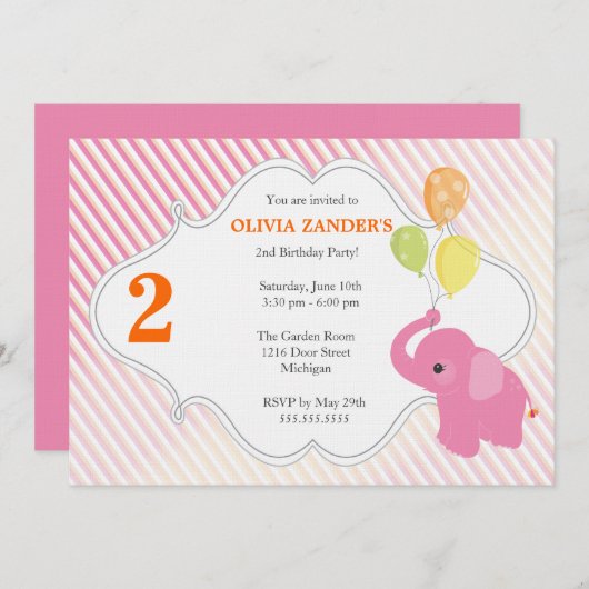 Invitation d'anniversaire d'éléphant rose (Devant / Derrière)