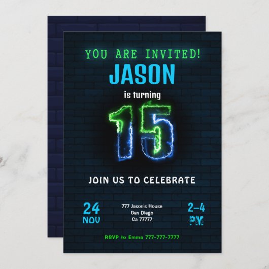 Invitation d'anniversaire des 15 ans pour garçon (Devant / Derrière)