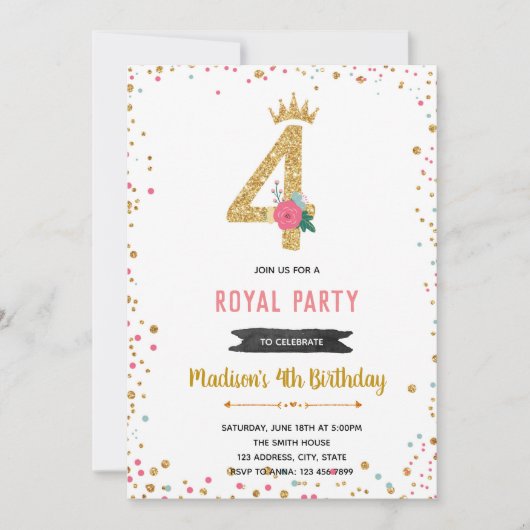 Invitation d'anniversaire des 4 ans de princesse (Devant)