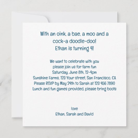 Invitation d'anniversaire des animaux de ferme, an (Dos)