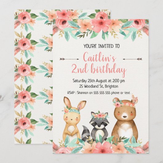 Invitation d'anniversaire des animaux des bois de (Devant / Derrière)