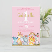 Invitation d'anniversaire des animaux Safari, rose (Debout devant)