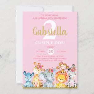 Invitation d'anniversaire des animaux Safari, rose