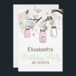 Invitation d'anniversaire des bocaux de mason rose<br><div class="desc">Blush Pink and Mint Green Mason Jars Invitation Anniversaire Illustrations féminines et mignonnes de jarres de mason brun,  rose et vert menthe,  fleurs,  cordes et tourterelles. Cette invitation fantaisiste est parfaite pour les baby showers du printemps et de l'été,  spécialement pour les soirées "Sweet sixteen".</div>
