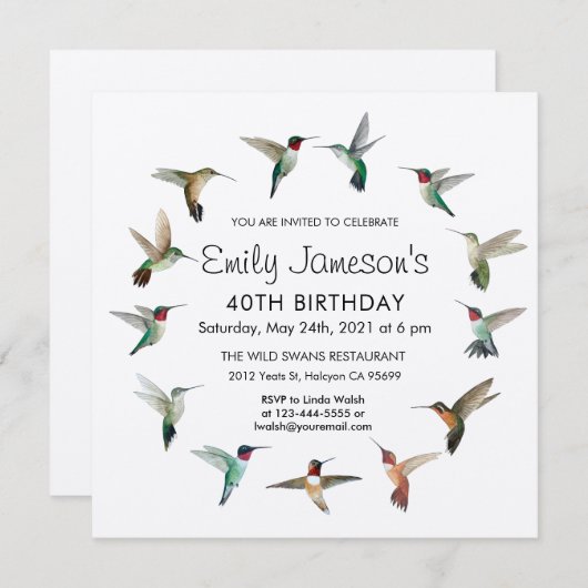 Invitation d'anniversaire des colibris (Devant / Derrière)