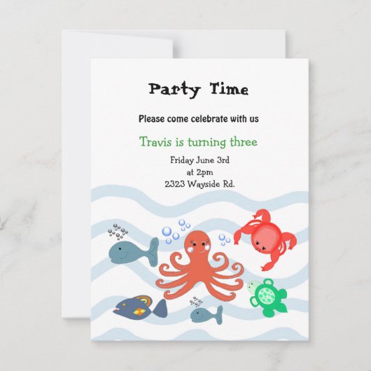 Invitation d'anniversaire des créatures de la mer (Devant)