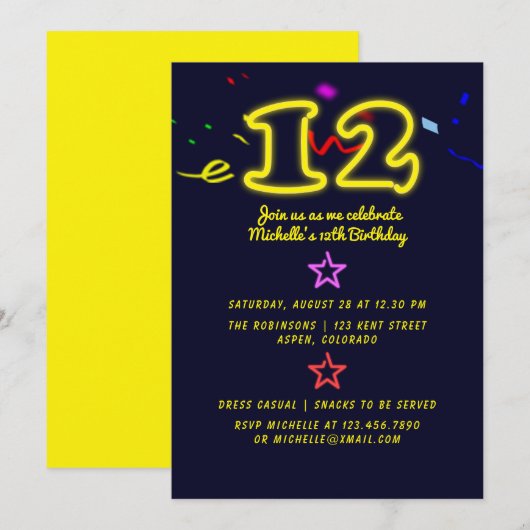 Invitation d'anniversaire des douze ans avec un en (Devant / Derrière)