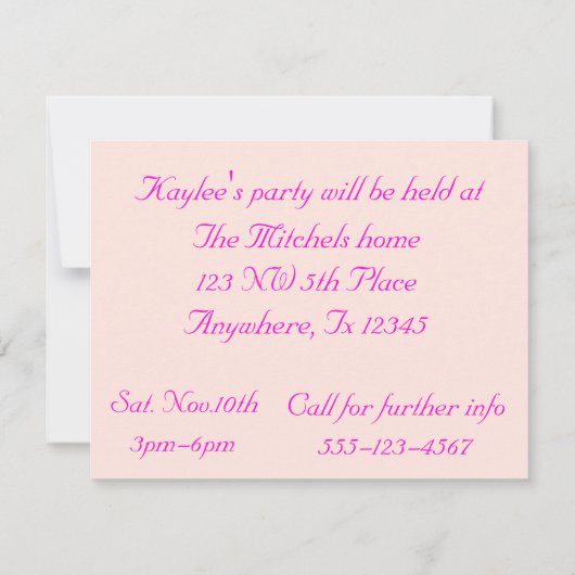 Invitation d'anniversaire des filles (Dos)