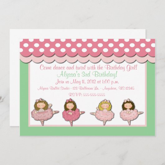 Invitation d'anniversaire des filles de ballet (Devant / Derrière)