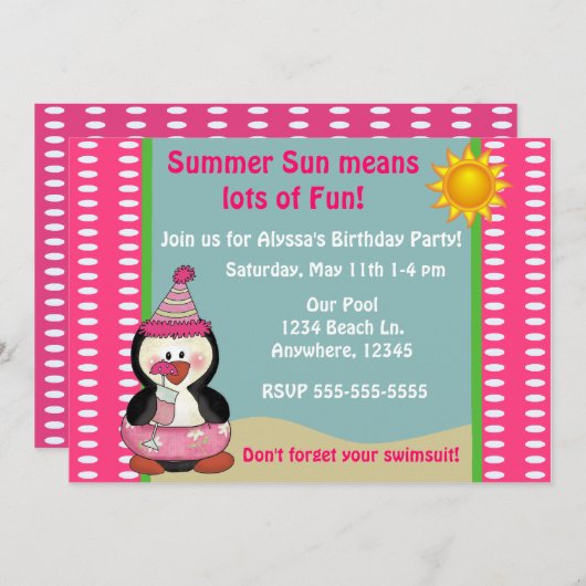 Invitation d'anniversaire des filles roses du ping (Devant / Derrière)