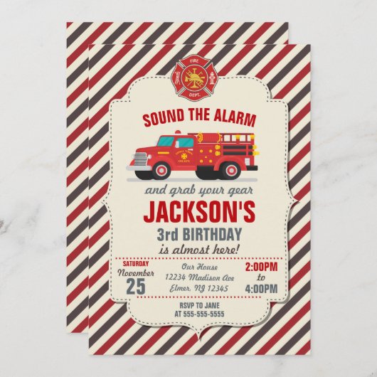 Invitation d'anniversaire des pompiers pour les en (Devant / Derrière)