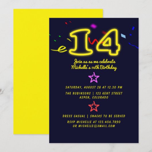 Invitation d'anniversaire des quatorze ans avec en (Devant / Derrière)