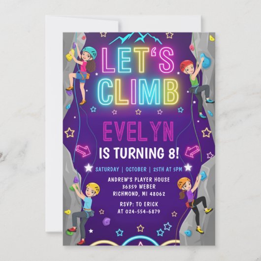 Invitation d'anniversaire d'escalade de fille pers (Devant)