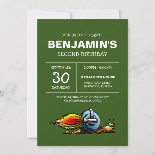 Invitation d'anniversaire d'escargot de fusée (Devant)