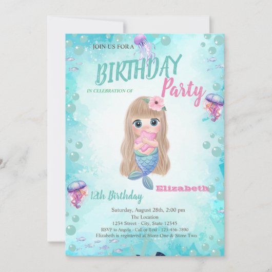 Invitation d'anniversaire d'été de petite sirène (Devant)