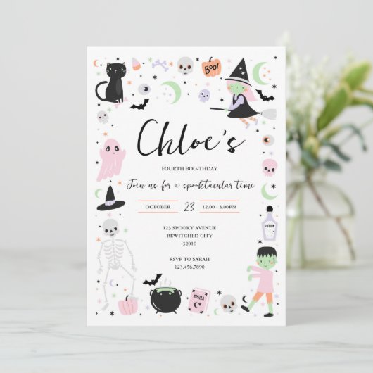 Invitation d'anniversaire d'Halloween rose (Debout devant)