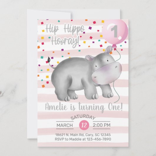 Invitation d'anniversaire d'hippo rose fille, invi (Devant)