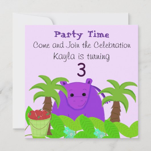 Invitation d'anniversaire d'hippopotame violet (Devant)