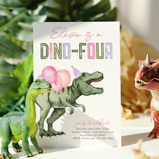 Invitation d'anniversaire Dino-Four Girl's