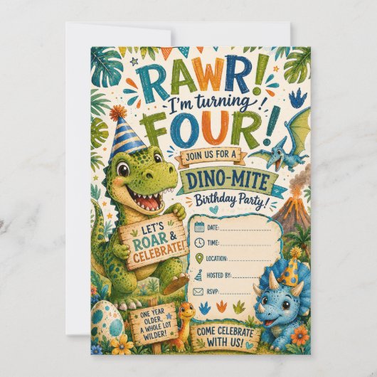 Invitation d'anniversaire Dino-Mite 4 ans (Devant)