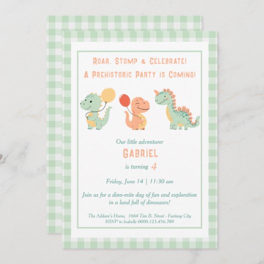 Invitation d'anniversaire Dino-Mite - Roar, Stomp (Devant / Derrière)