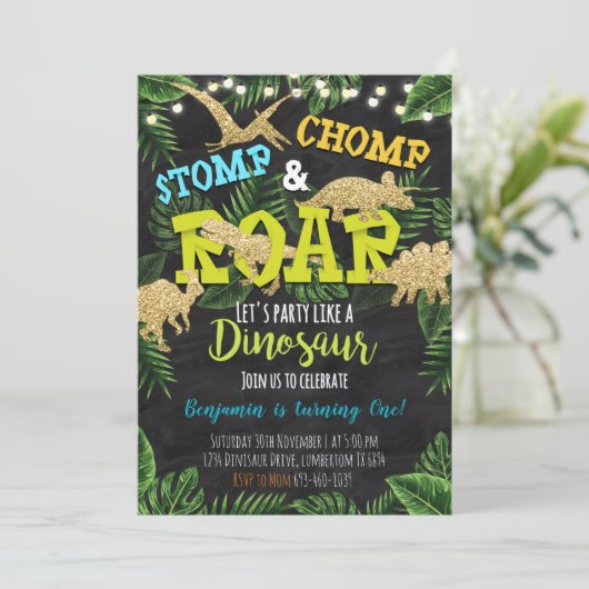 Invitation d'anniversaire Dinosaur Stomp & Chomp (Debout devant)