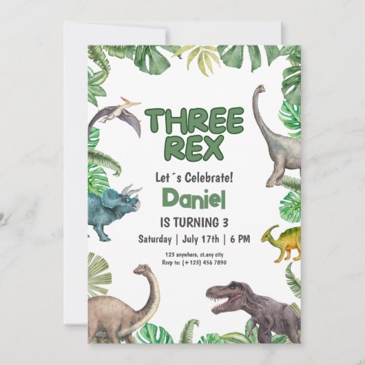 Invitation d'anniversaire Dinosaur Three rex Fête (Devant)