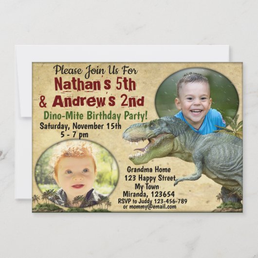 Invitation d'anniversaire dinosaure pour jumeaux, (Devant)