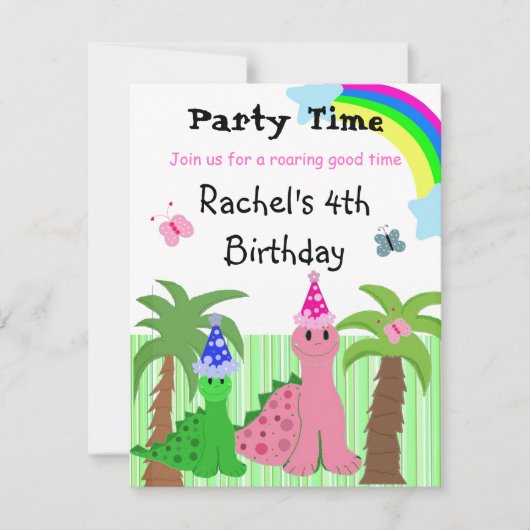 Invitation d'anniversaire dinosaure rose pour fill (Devant)