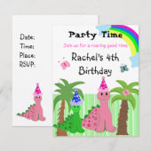 Invitation d'anniversaire dinosaure rose pour fill (Devant / Derrière)