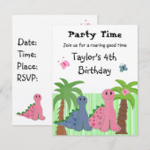 Invitation d'anniversaire dinosaure rose pour fill (Devant / Derrière)