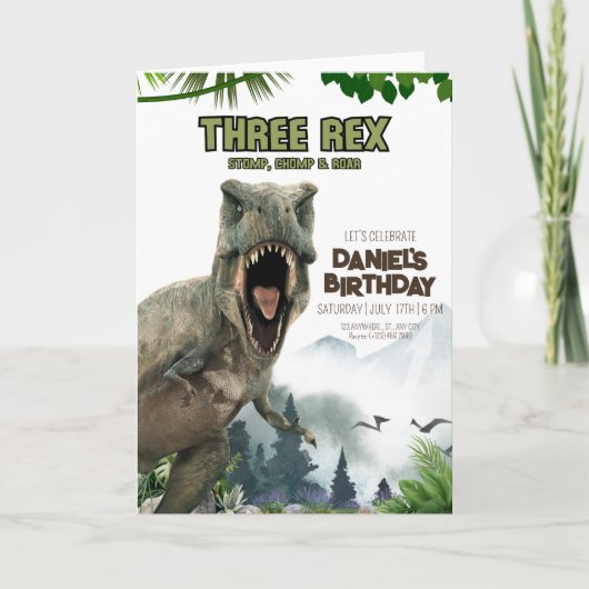 Invitation d'anniversaire dinosaure Trois invitati (Devant)