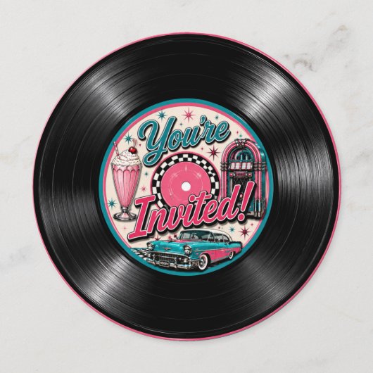 Invitation d'anniversaire disque vinyle rétro anné (Devant)